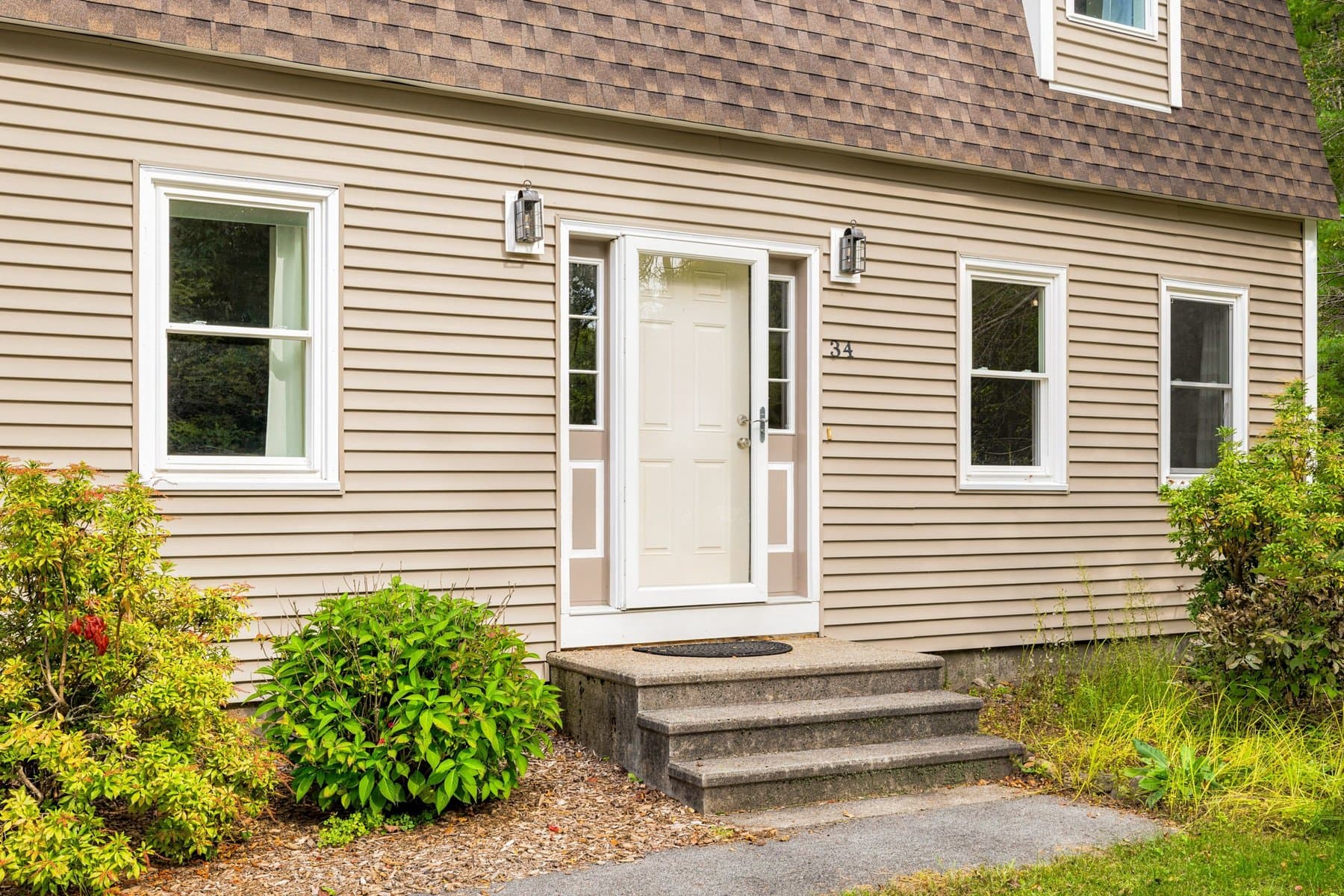 The front door with its storm door, stone steps, and shrubs against the new siding