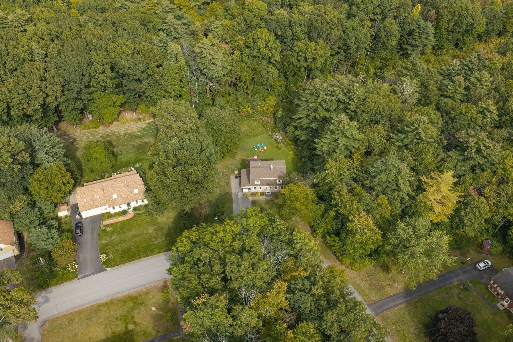 The house from the air, tucked among the trees at the end of the street